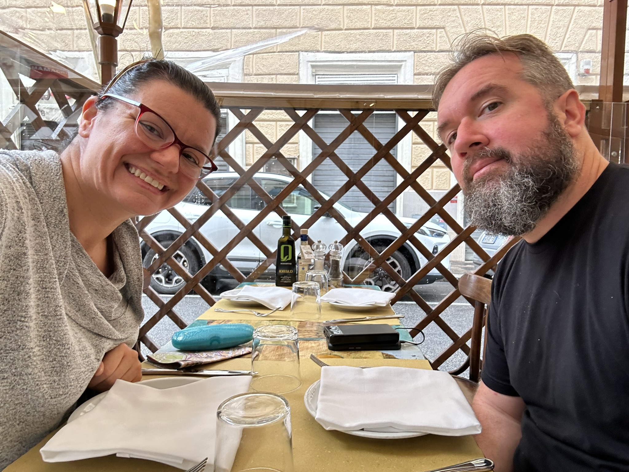 Our first lunch of pizza and pasta after arriving in Rome
