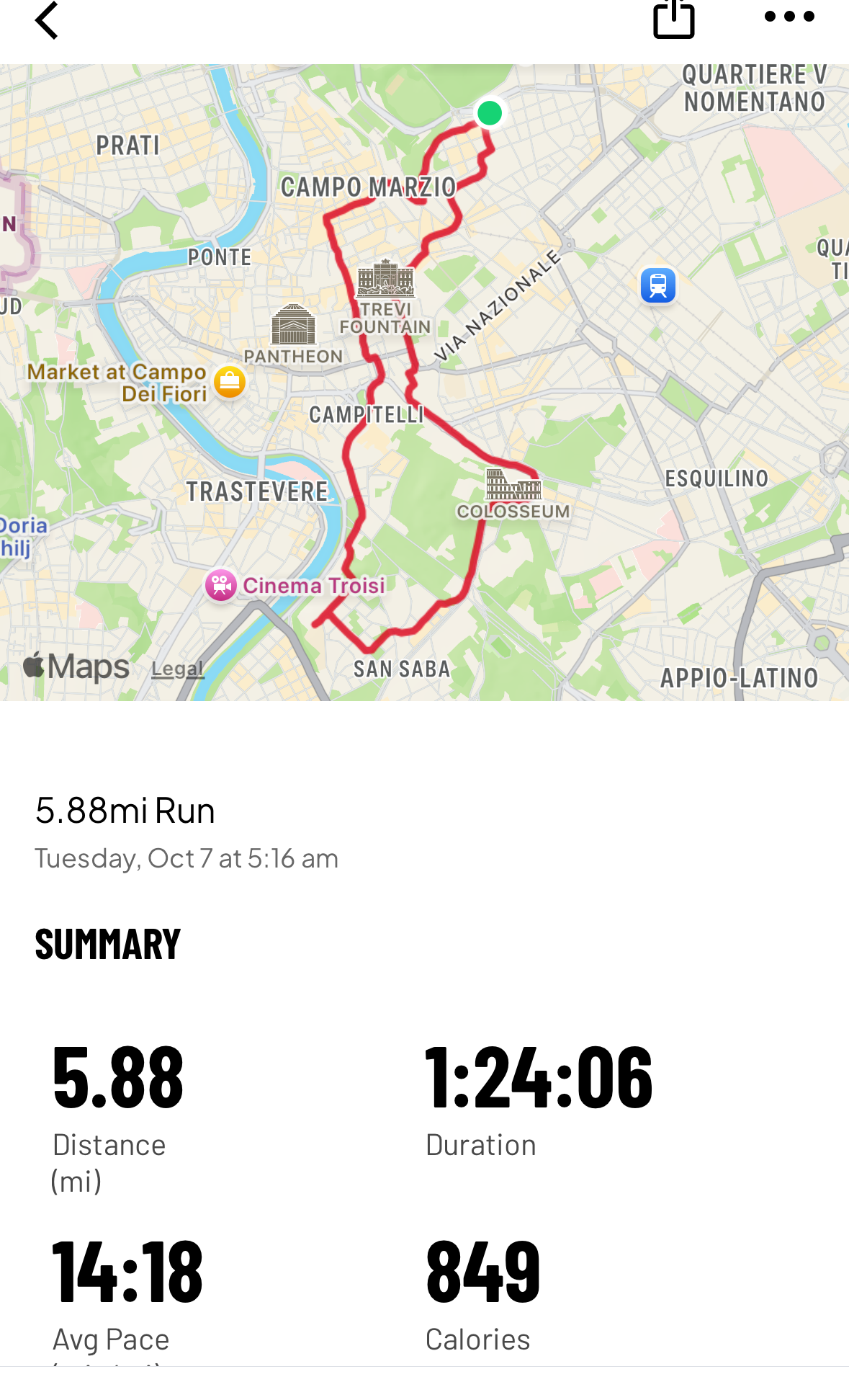 Map of our Rome morning run with recorded distance 5.88 miles, duration 1:24:06, average pace 14:18 per mile, and 849 calories