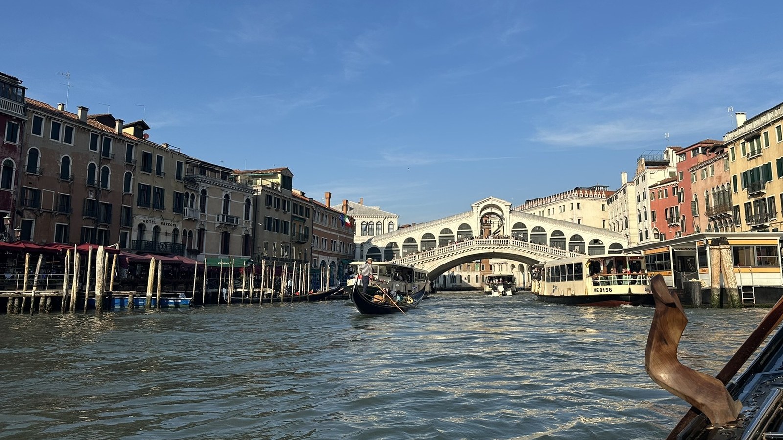 View toward the Rialto Bridge from a gondola on the Grand Canal in Venice
